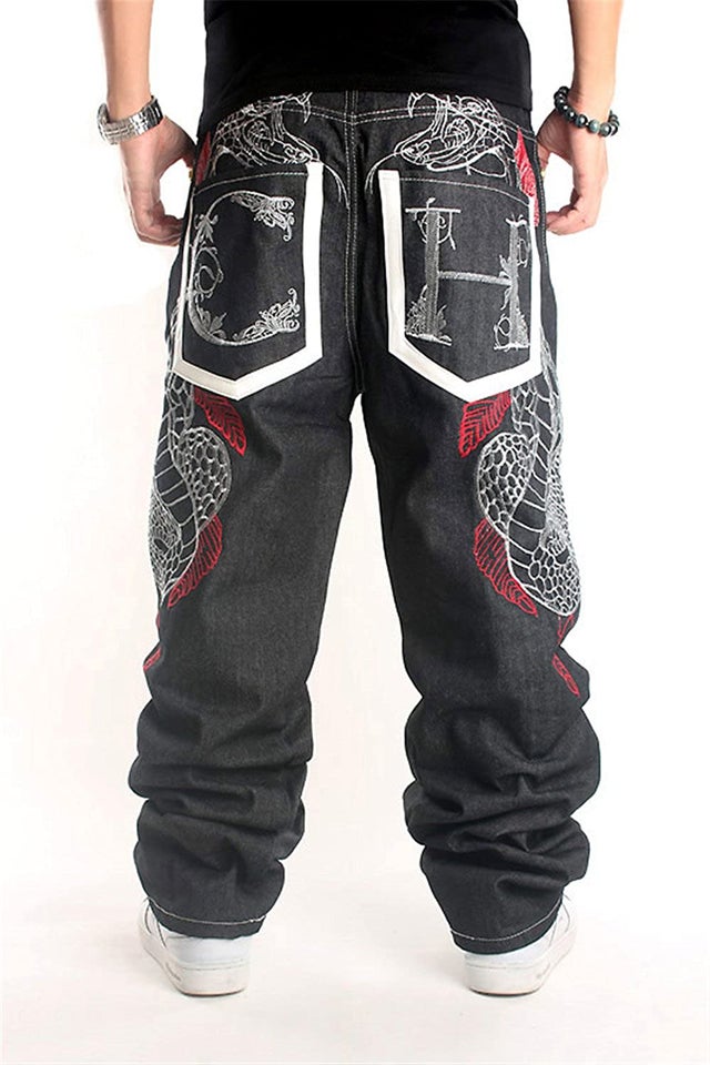 Ruiatoo Mens Jeans Fashion Skateboard Pants Snake Embroidery Baggy Jeans